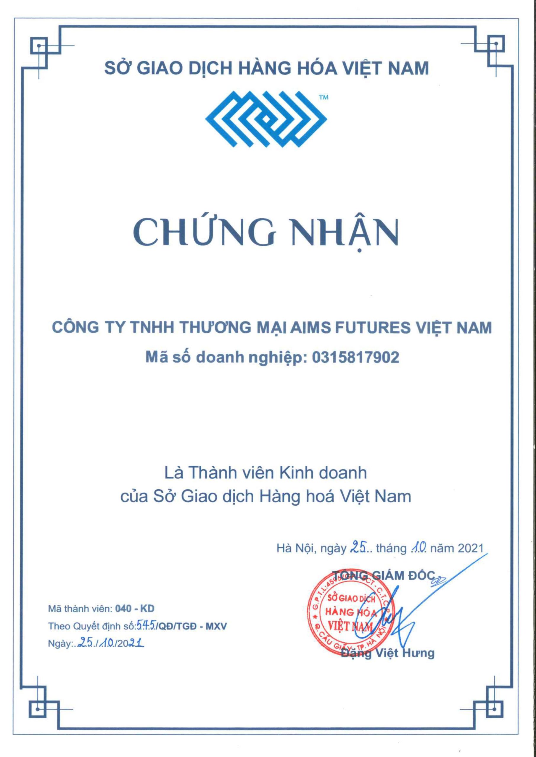 Chứng nhận thành viên kinh doanh của AIMS Futures Việt Nam